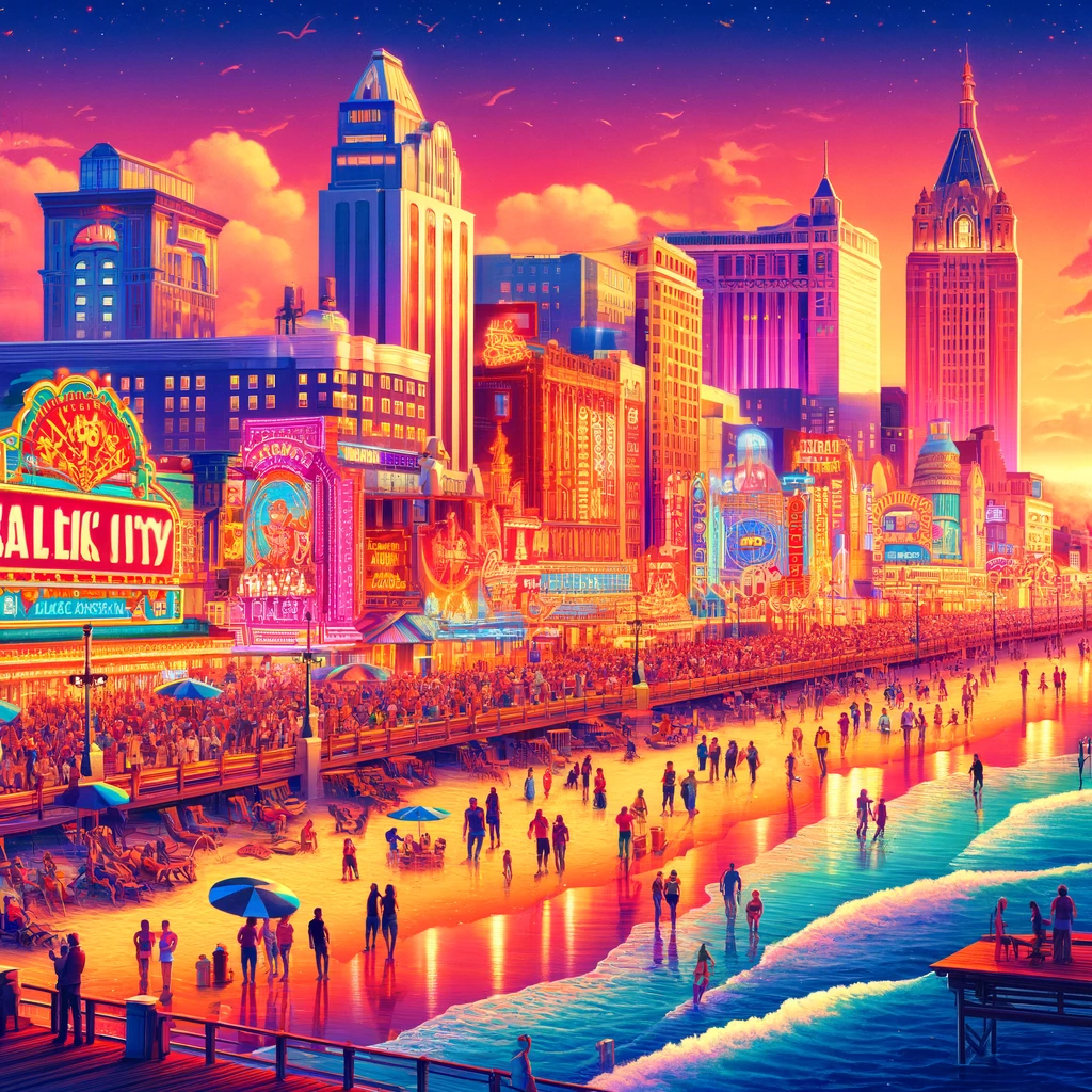 "Detailed and colorful urban scene of Atlantic City, New Jersey accompanied by comprehensive investor guidance.”