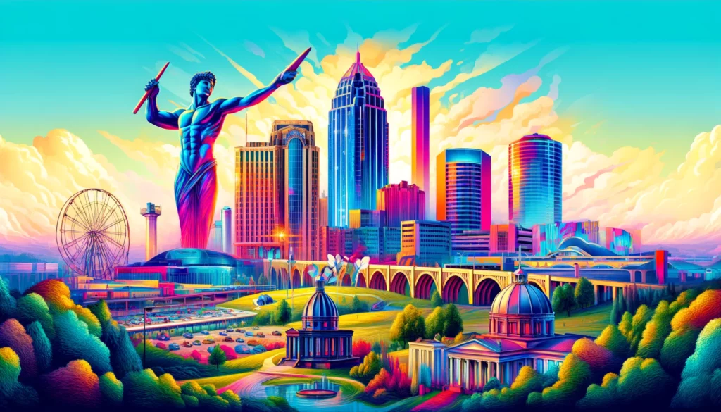 "Detailed and colorful urban scene of Birmingham, Alabama, accompanied by comprehensive airbnb rental market.”