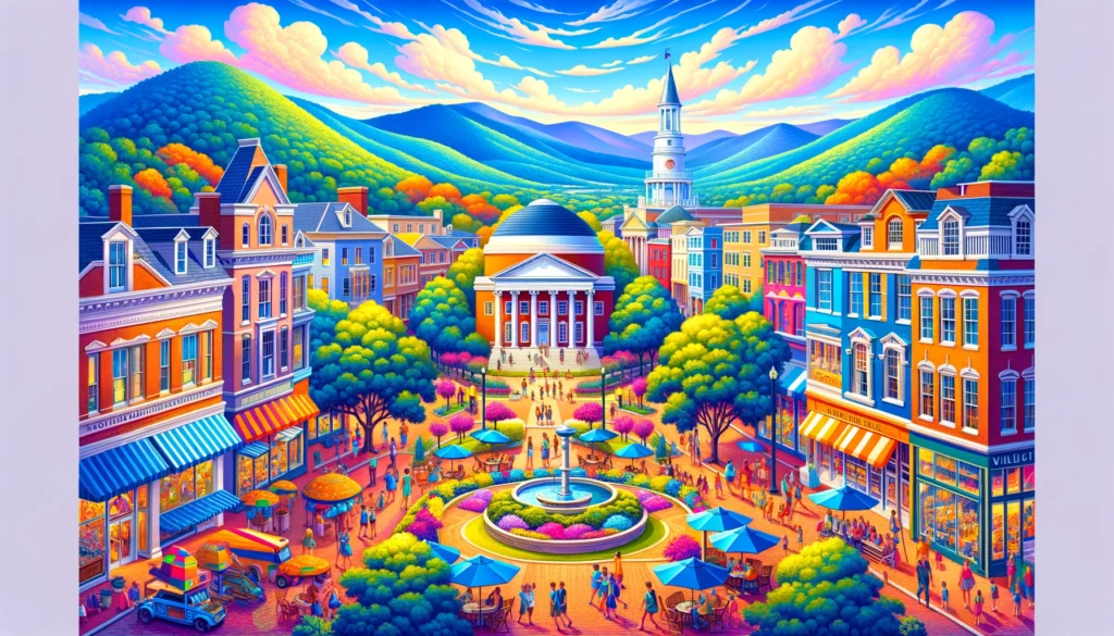 "Vibrant scene of Charlottesville, VA, with lively streets, cafes, providing investor guidance on its short-term rental market.”