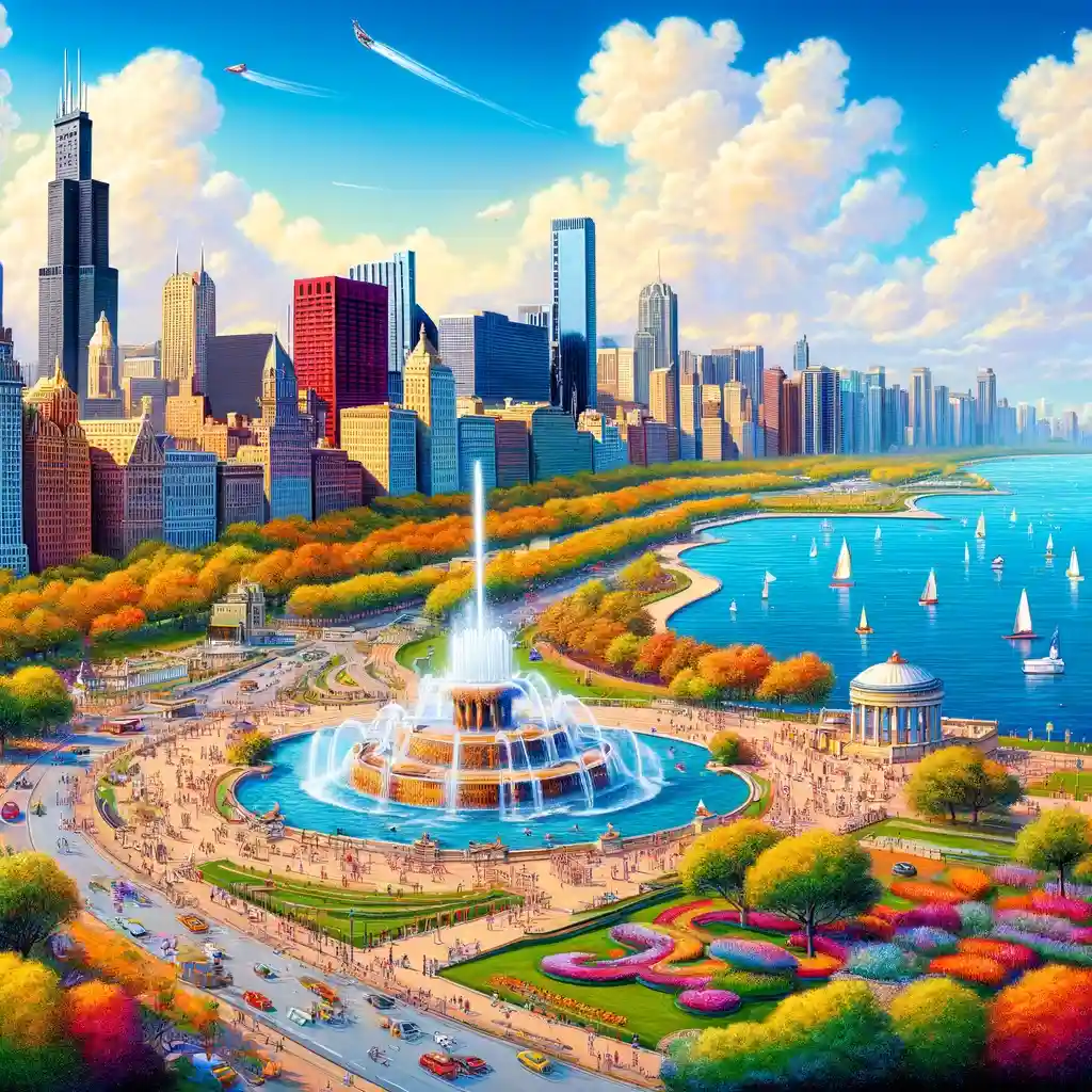 “Colorful depiction of Chicago, Illinois, highlighting airbnb rental markets."