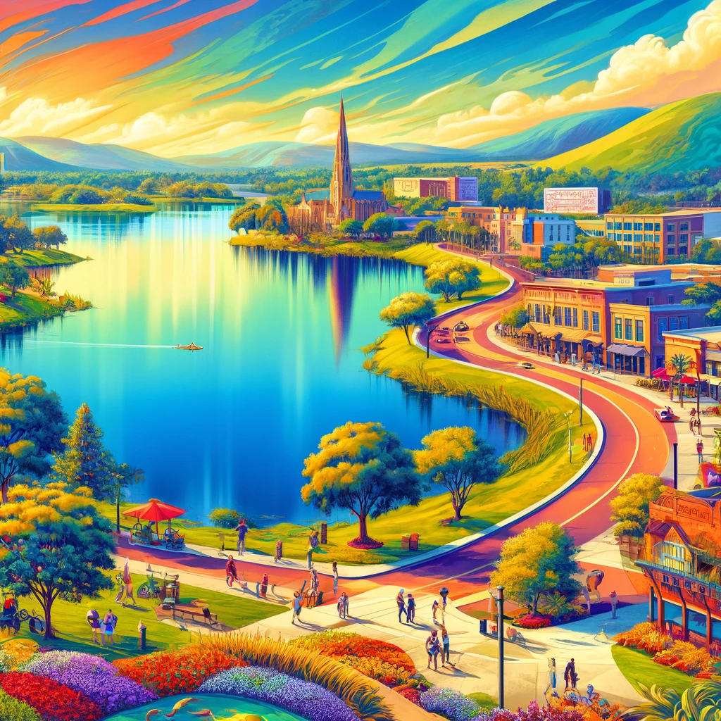 "Colorful image depicting Clermont, Florida, featuring the iconic rolling hills and lakes, highlighting airbnb rental markets."