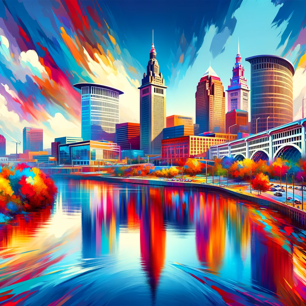 "Colorful cityscape of Cleveland, Ohio, highlighting airbnb rental markets."