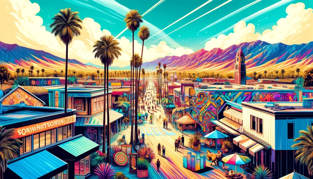 "A vibrant street scene in Coachella, California, featuring palm trees, local art installations, and people enjoying the desert landscape under a bright blue sky, offering valuable insights into short-term rental market trends.”