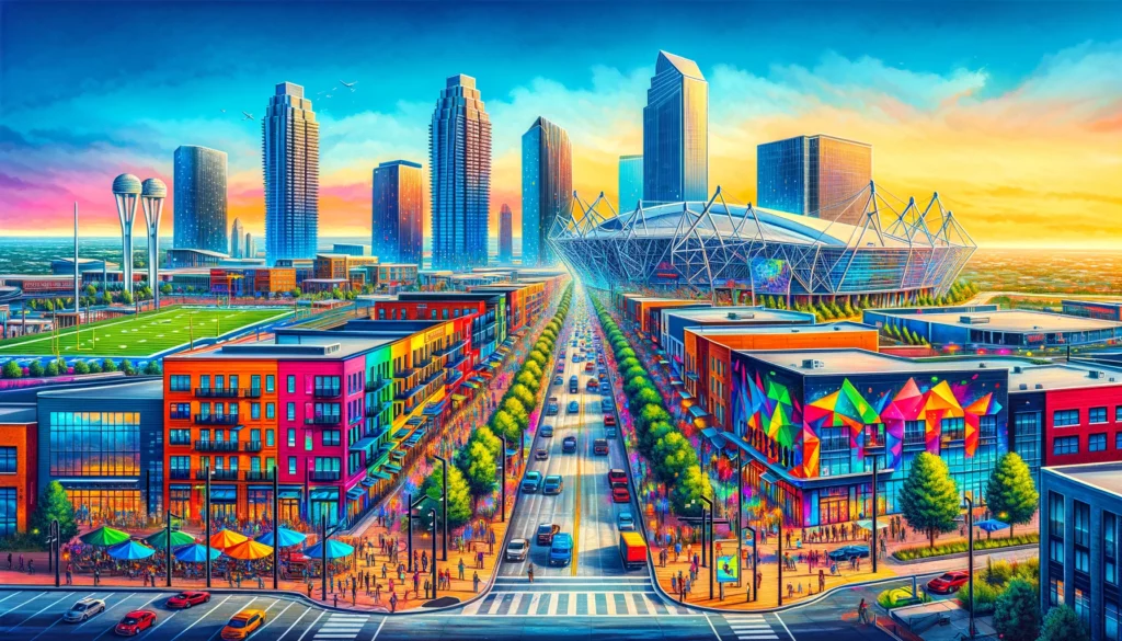 "Vivid depiction of Frisco, Texas, featuring a bustling downtown with colorful buildings and lively streets, offering airbnb rental markets."