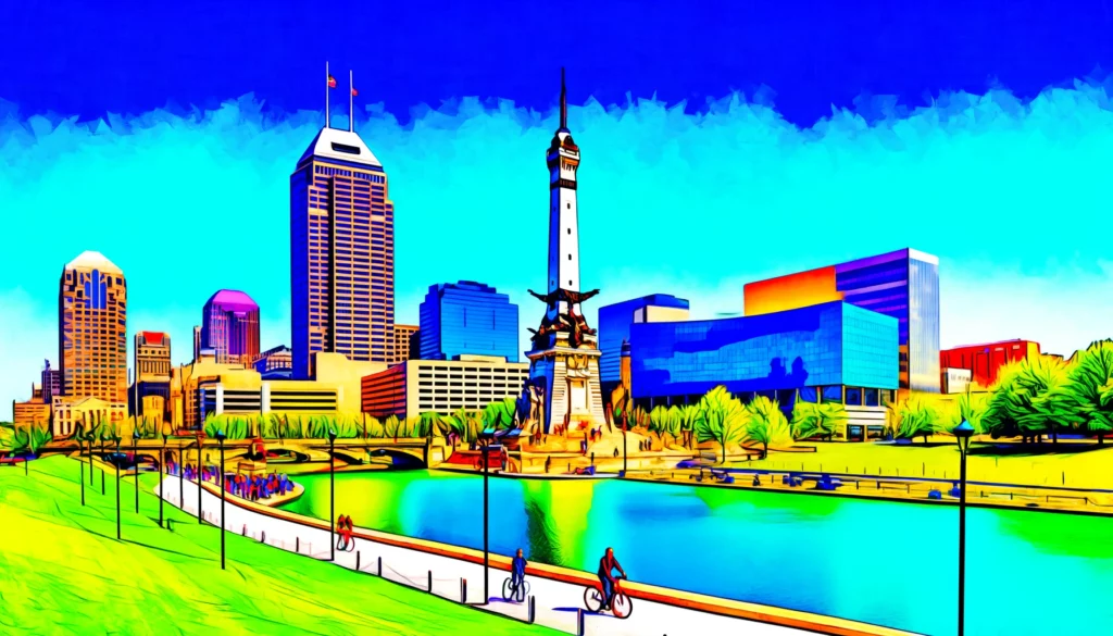 " Colorful view of Indianapolis, Indiana. In the center stands the Soldiers' and Sailors' Monument, surrounded by a variety of modern skyscrapers, offering valuable insights into short-term rental market trends.”