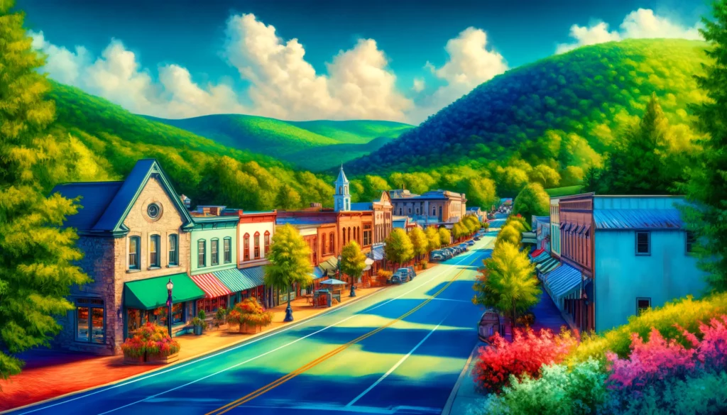 "Detailed and colorful urban scene of Jasper, Georgia, providing investor guidance on its short-term rental market."