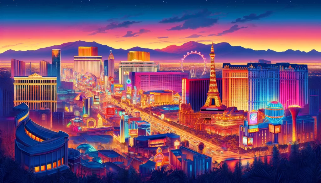 "Vivid and colorful depiction of the Las Vegas skyline during dusk, accompanied by comprehensive vacation rentals.”