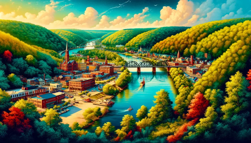 "Colorful and vivid depiction of Logan, Ohio, highlighting airbnb rental markets."