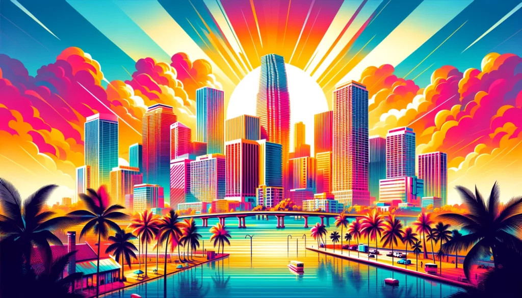 "Colorful, dynamic cityscape of Miami, Florida. It features modern high-rise buildings that dominate the skyline, accompanied by comprehensive investor guidance to short-term rental investments."