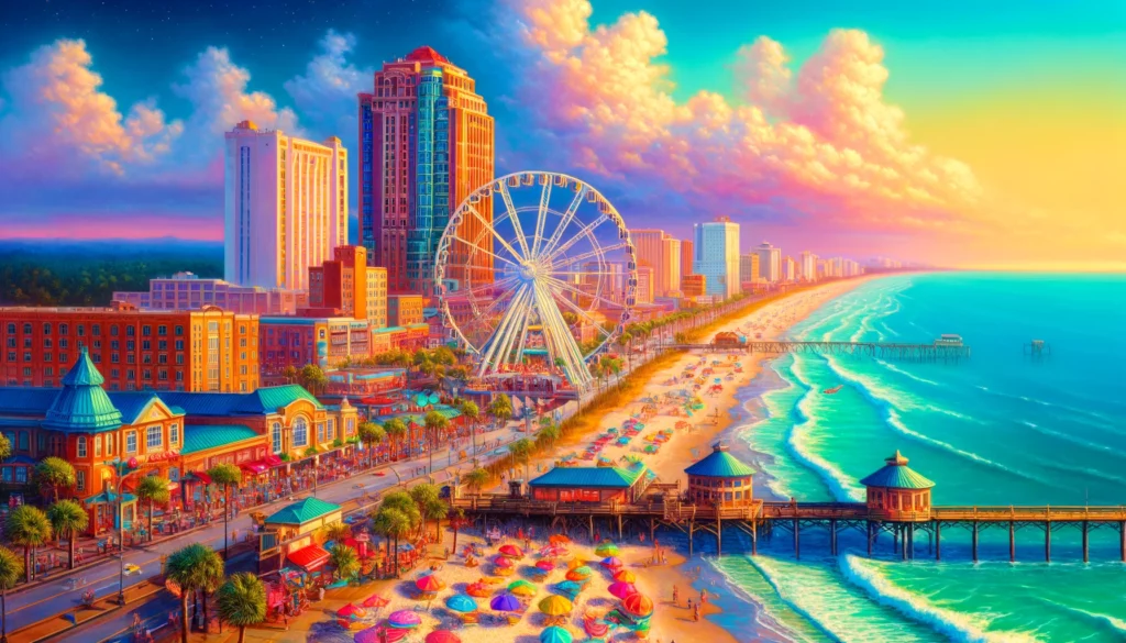 "Vivid portrayal of Myrtle Beach, SC, featuring the SkyWheel, bustling beach, and oceanfront boardwalk, offering airbnb rental markets."