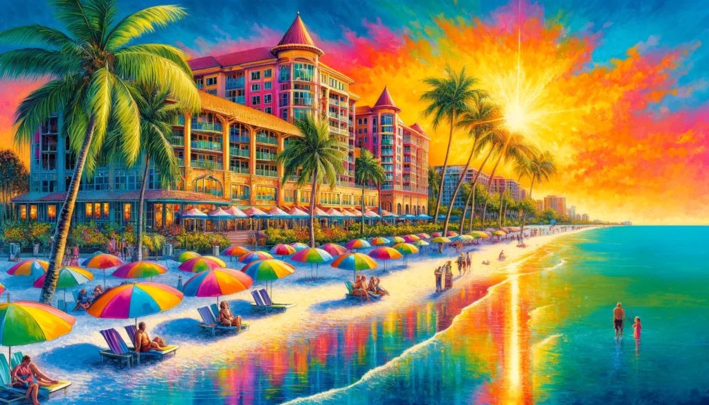 "Colorful depiction of Naples, Florida, capturing its vibrant atmosphere at sunset, providing investor guidance on its short-term rental market.”