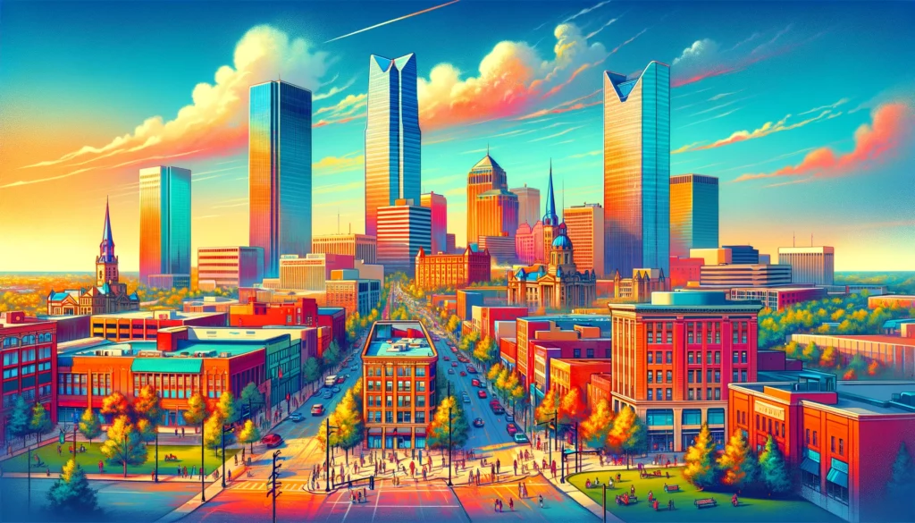 "Vibrant and colorful view of Oklahoma City. It showcases the city's skyline, prominently featuring iconic skyscrapers, accompanied by comprehensive investor guidance to short-term rental investments."