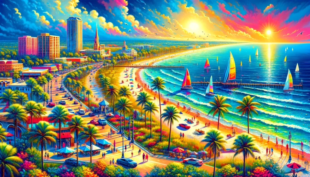 “Detailed and colorful urban scene of Palm Coast, Florida, highlighting airbnb rental markets."