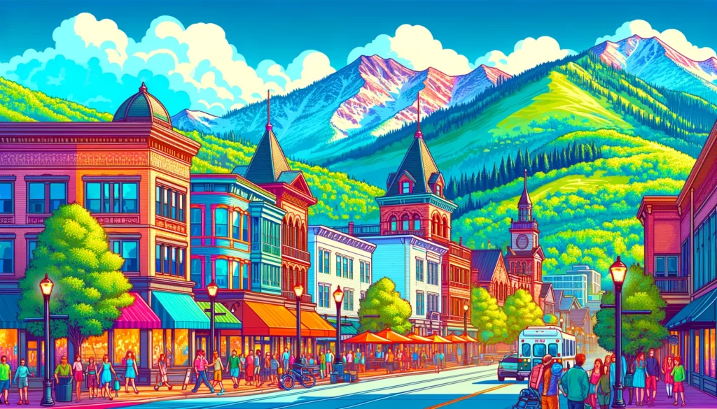 "Colorful illustration of Park City, Utah, featuring a lively Main Street and the Wasatch Mountains in the background, providing investor guidance on its short-term rental market.”