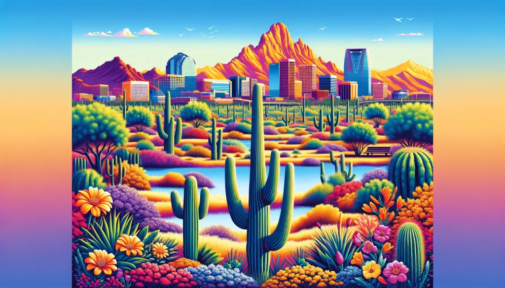 "Vibrant and colorful view of Phoenix, Arizona. It captures a sprawling desert landscape dotted with iconic saguaro cacti, providing investor guidance on its short-term rental market.”