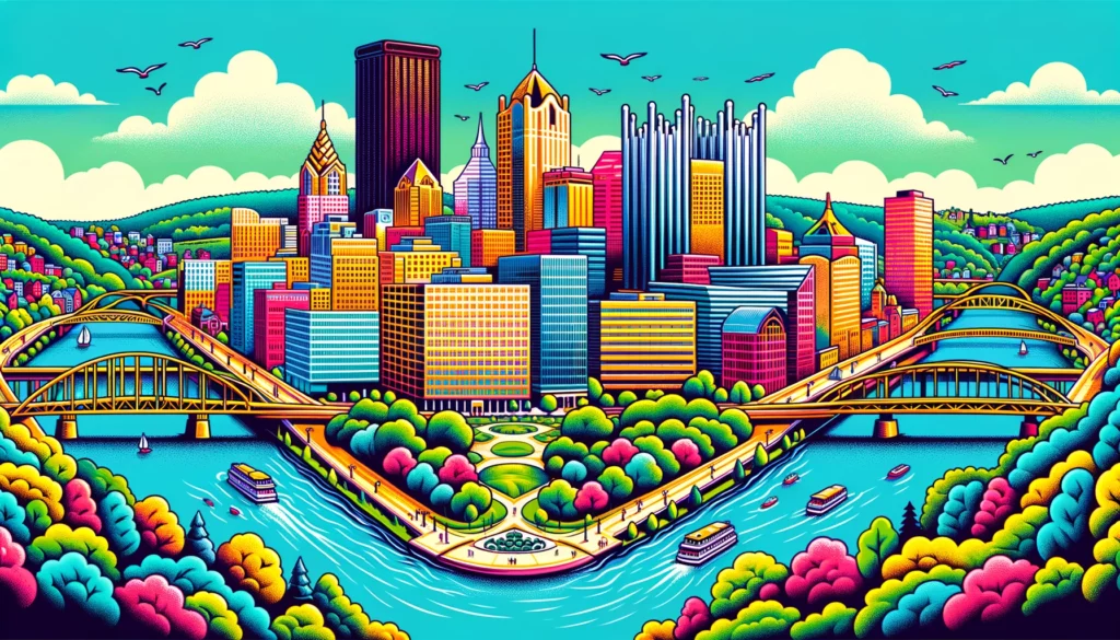 "Panoramic view of Pittsburgh, Pennsylvania. It's a vibrant and colorful illustration showcasing the city's skyline, offering valuable insights into its short-term rental market.”