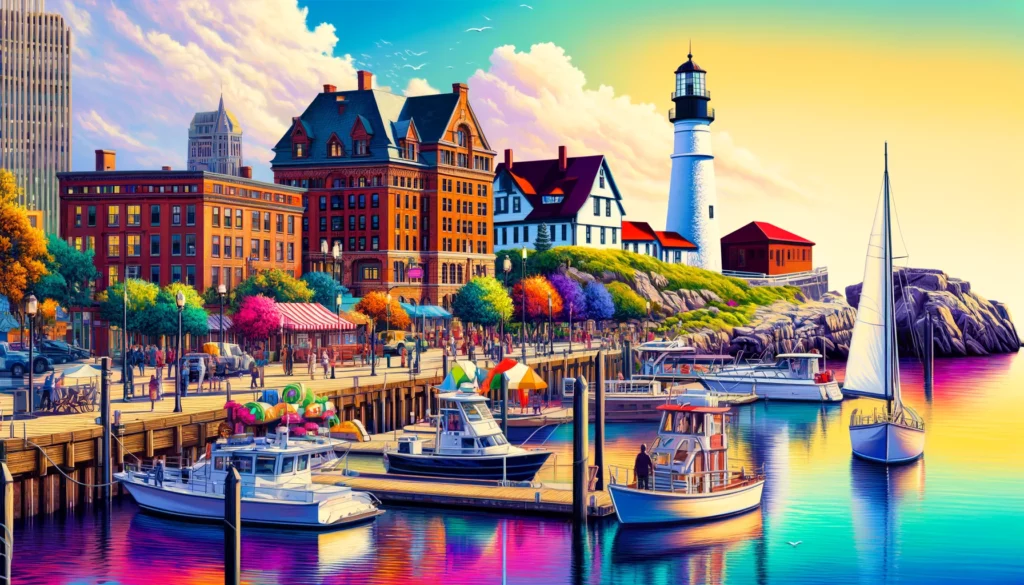 "Detailed and colorful urban scene of Portland, Maine, accompanied by comprehensive investor guidance.”