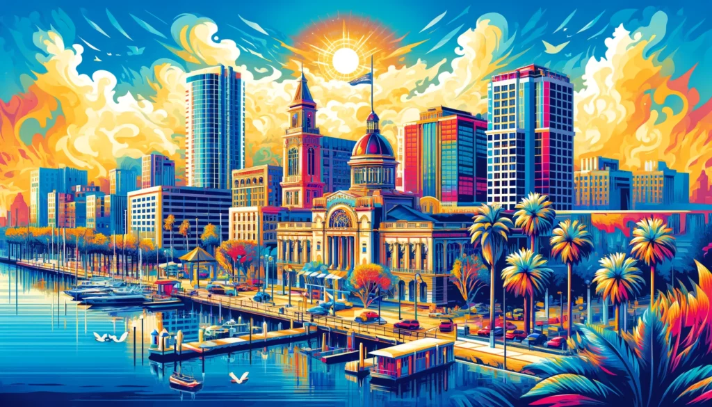 "Vibrant portrayal of Saint Petersburg, Florida, which features a blend of modern high-rises and historic buildings, offering valuable insights into its short-term rental market."