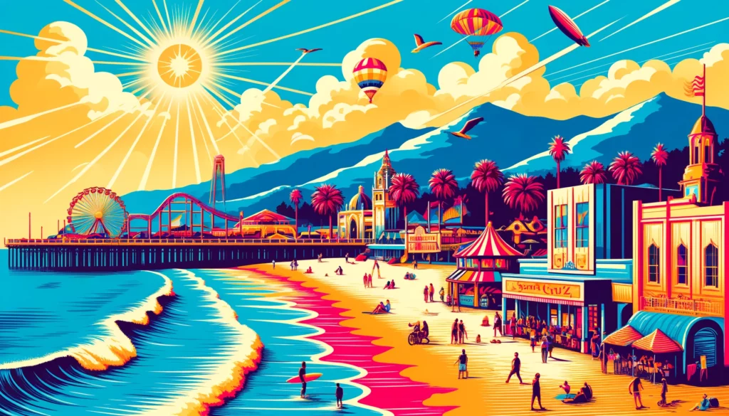 "Vibrant illustration of Santa Cruz, California, showcasing the bustling boardwalk, sandy beach, and surfers in the ocean, with scenic coastal mountains in the background, highlighting short term rental markets."