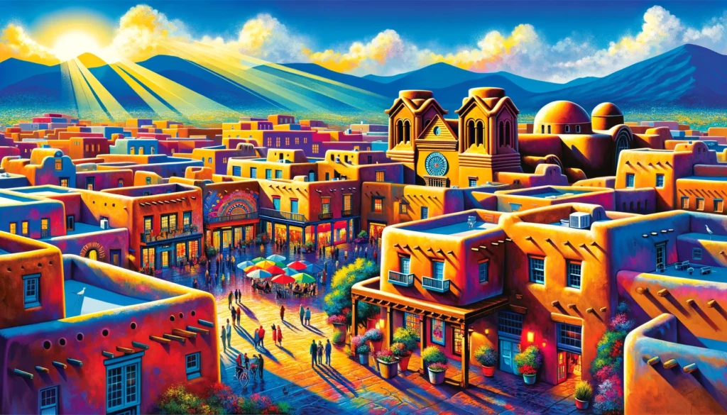 "Colorful image of Santa Fe, New Mexico, depicting its iconic adobe-style architecture around the Santa Fe, providing investor guidance on its airbnb rental markets ."