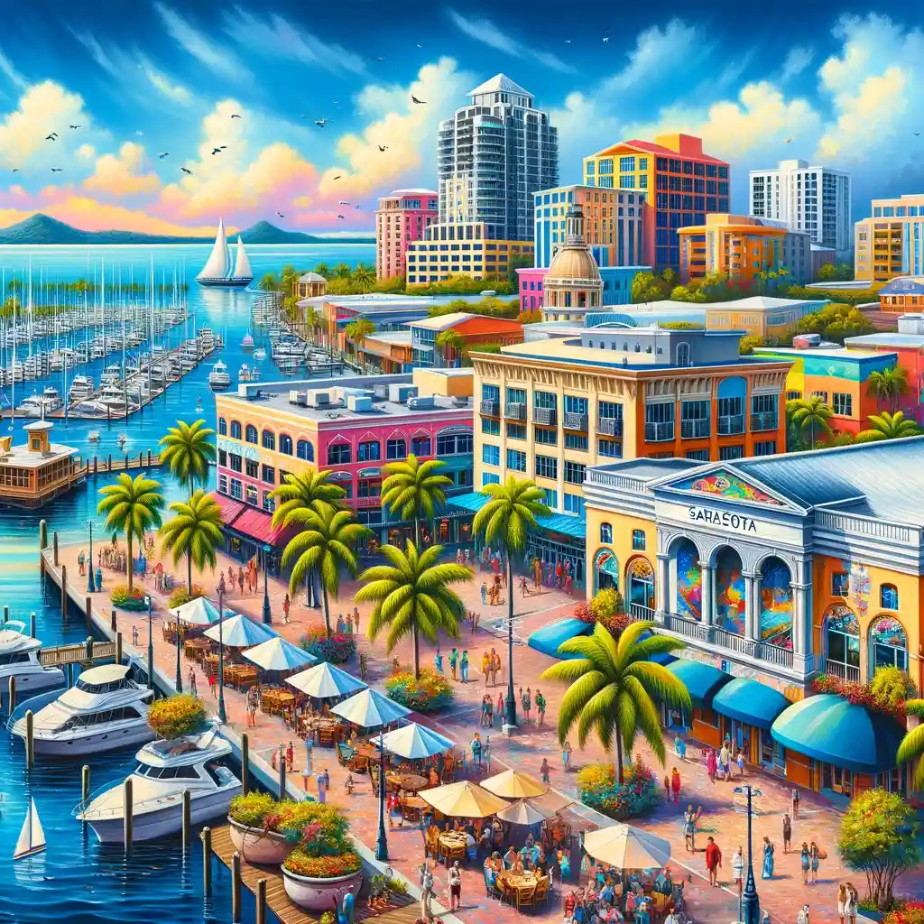 "Detailed and colorful urban scene of Sarasota, FLorida, accompanied by comprehensive investor guidance.”