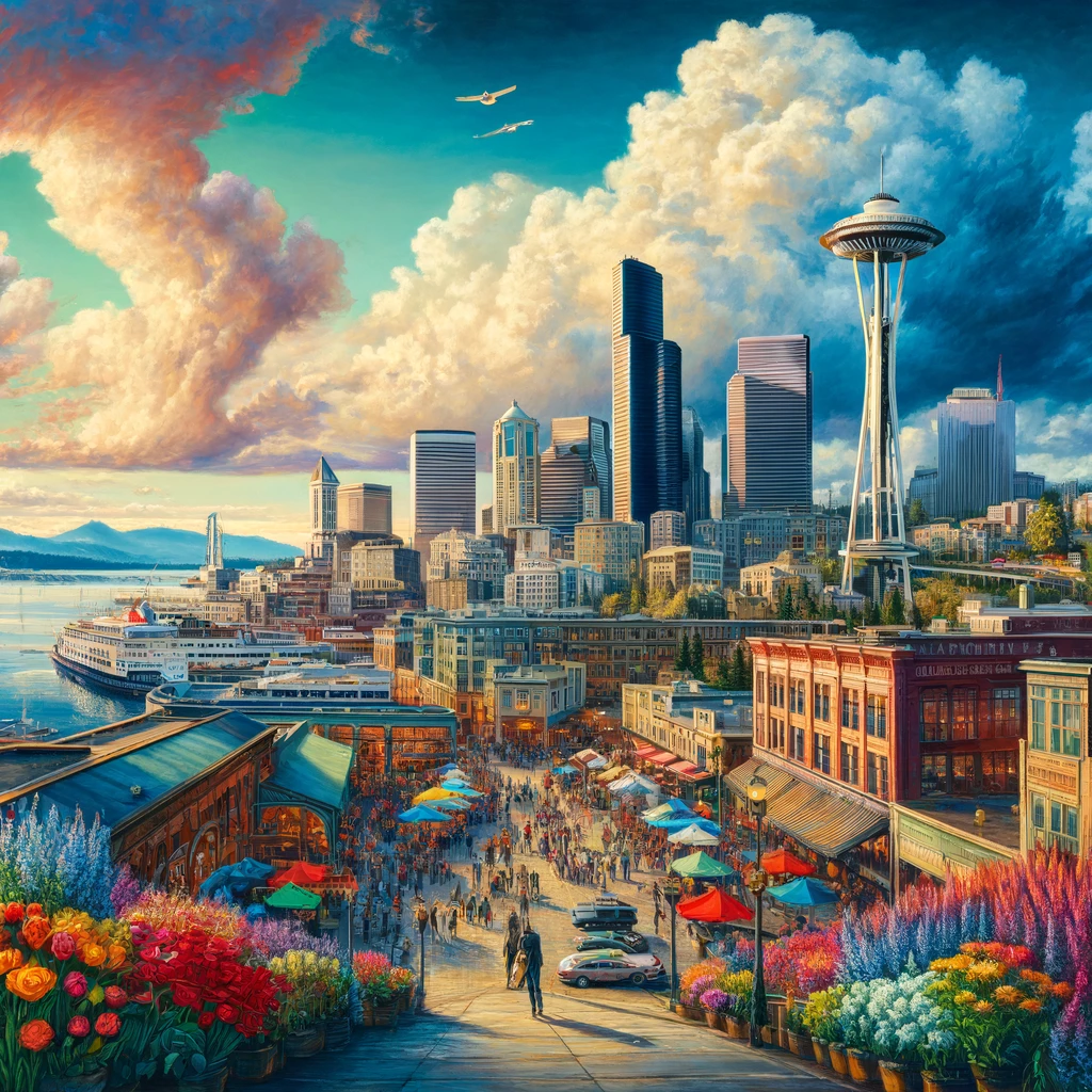 “Bright illustration of Seattle, WA skyline, a lucrative market for vacation rentals."