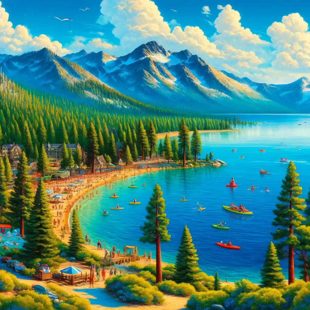 “Bright illustration of South Lake Tahoe, CA skyline and lake, a lucrative market for vacation rentals."