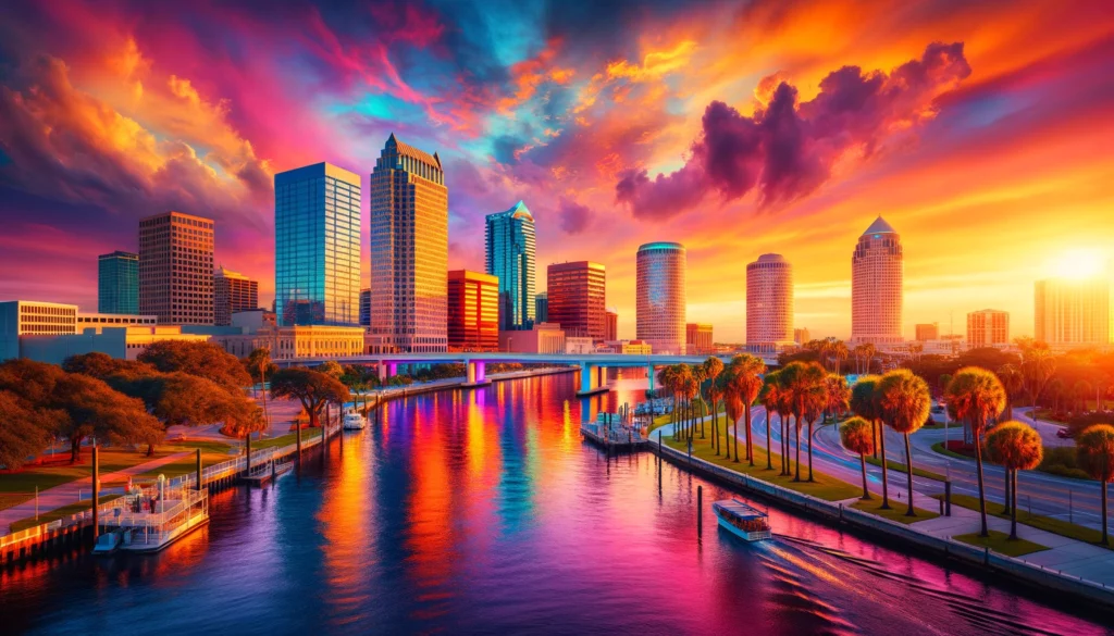 "Vibrant and colorful view of Tampa, Florida during sunset, offering valuable insights into its airbnb rental markets.”